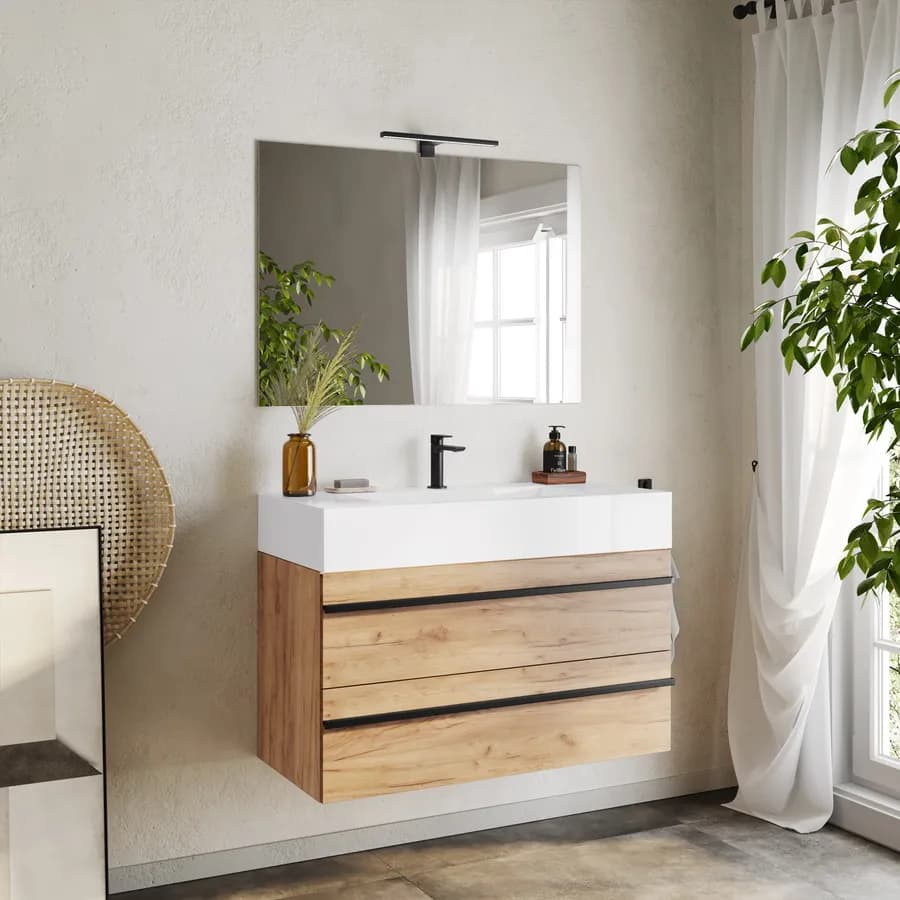 Mobile bagno sospeso 100 cm rovere africa con top lavabo bianco e specchio - Jamal