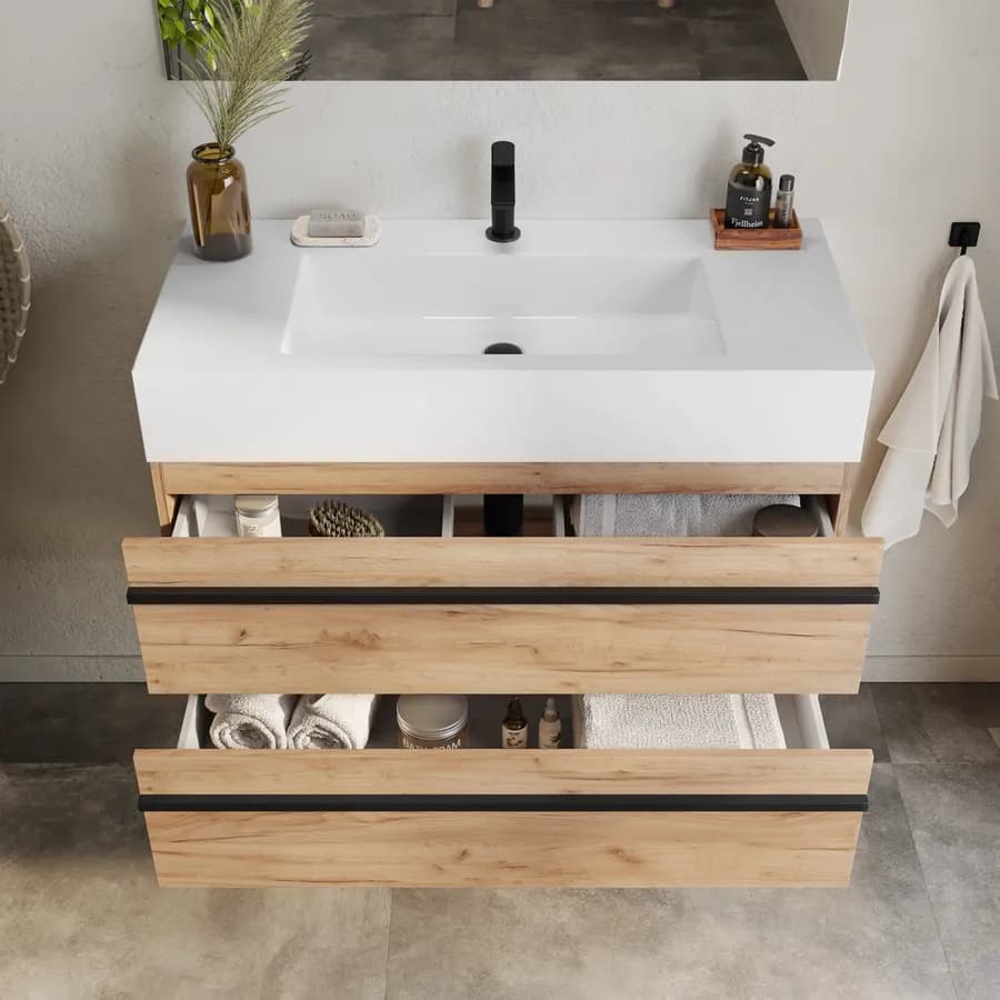 Mobile bagno sospeso 100 cm rovere africa con top lavabo bianco e specchio - Jamal