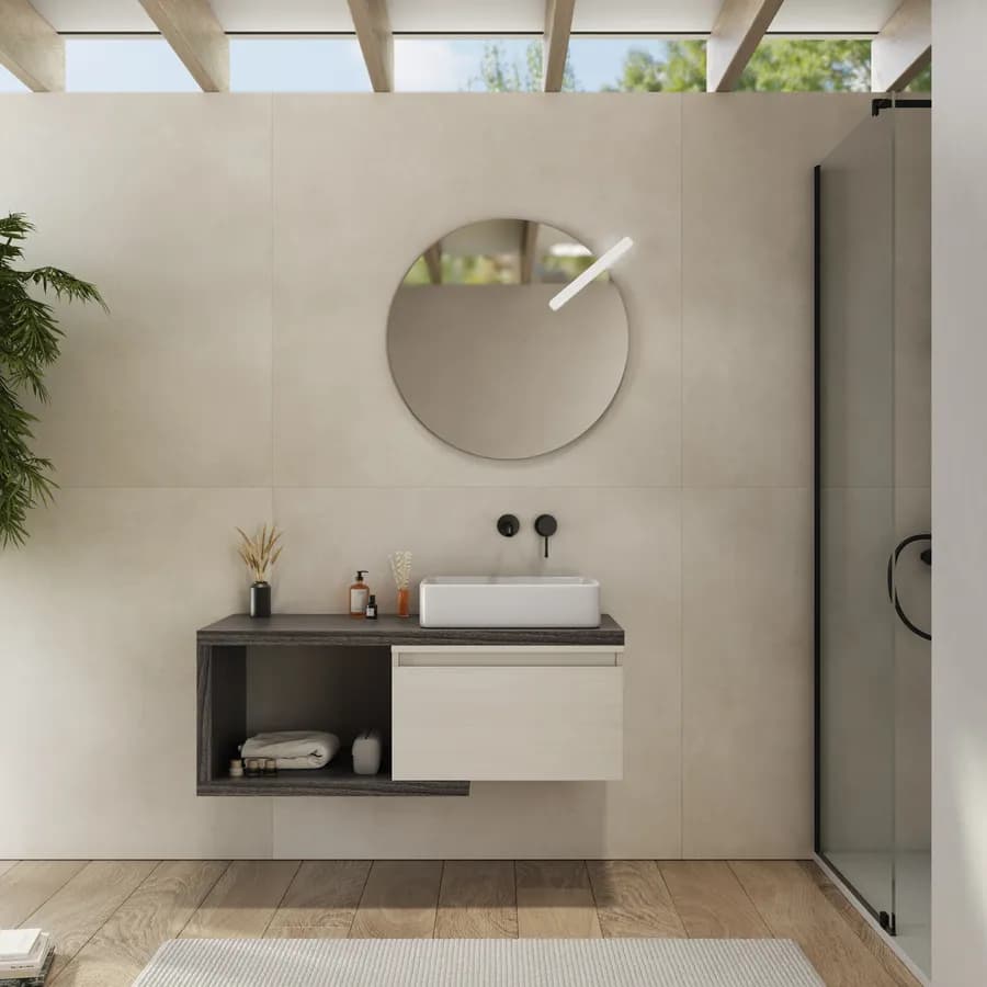 Mobile bagno sospeso 110 cm rovere grigio con cassettone rovere bianco e specchio - Balik
