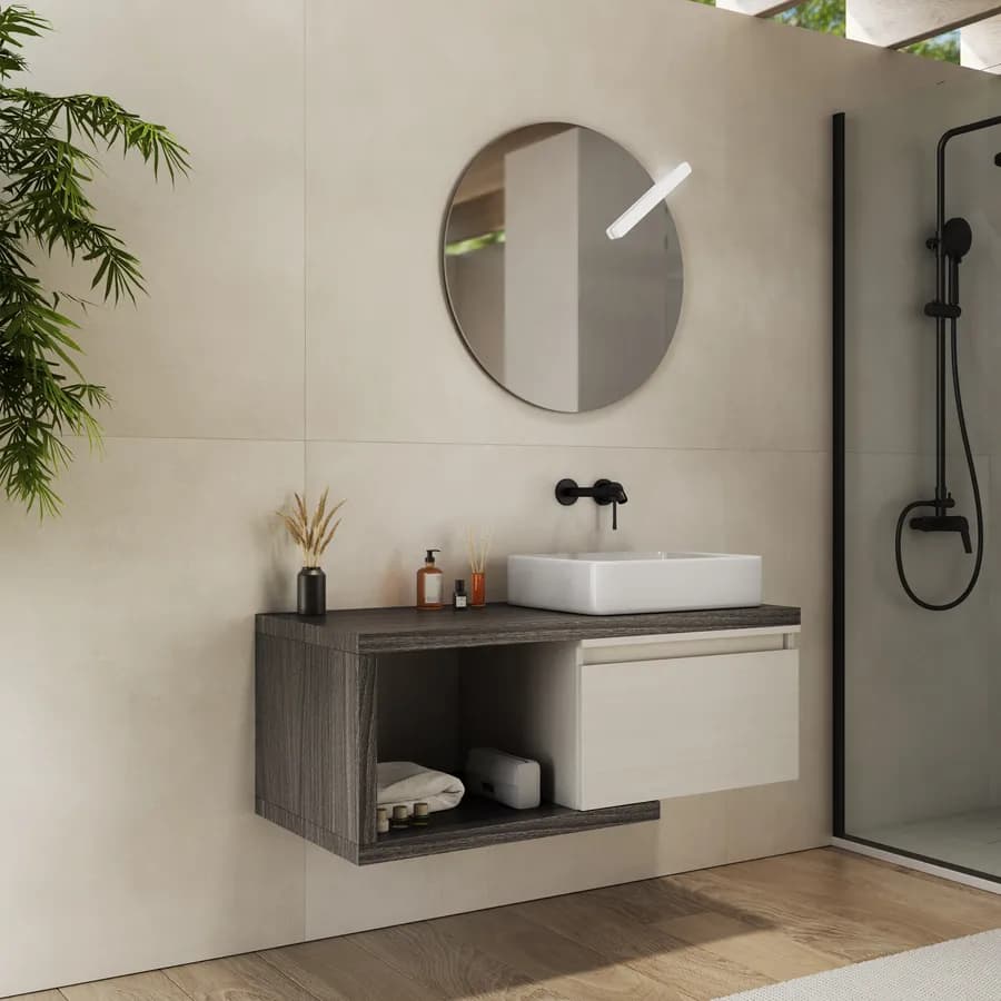 Mobile bagno sospeso 110 cm rovere grigio con cassettone rovere bianco e specchio - Balik