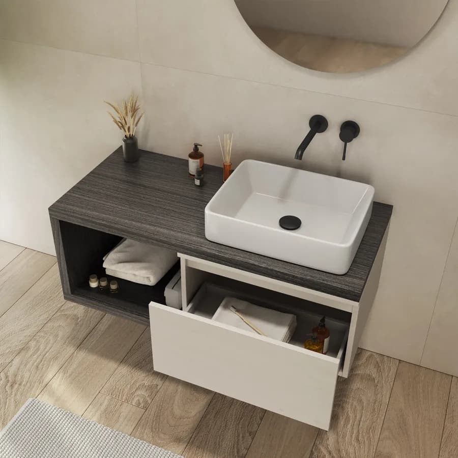 Mobile bagno sospeso 110 cm rovere grigio con cassettone rovere bianco e specchio - Balik