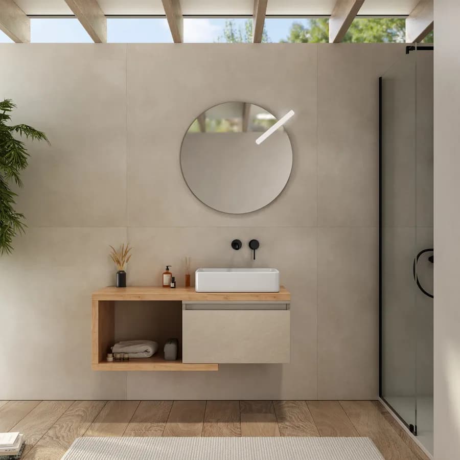 Mobile bagno sospeso 110 cm rovere gold con cassettone argilla e specchio - Balik