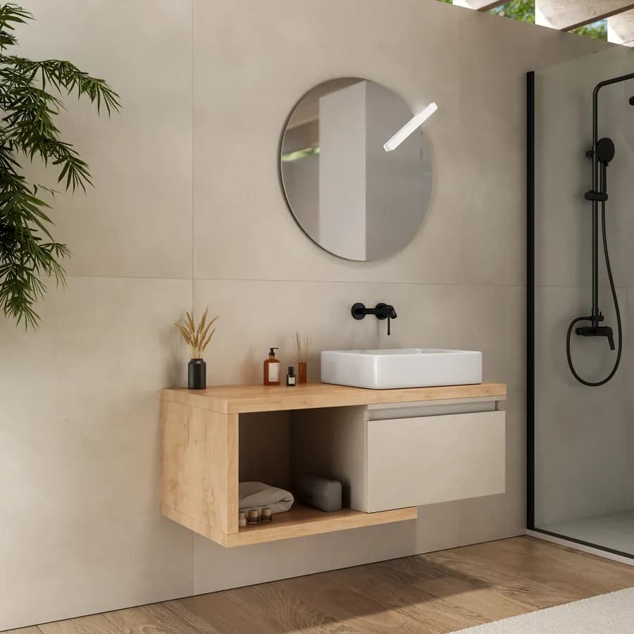 Mobile bagno sospeso 110 cm rovere gold con cassettone argilla e specchio - Balik