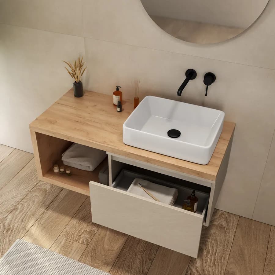 Mobile bagno sospeso 110 cm rovere gold con cassettone argilla e specchio - Balik