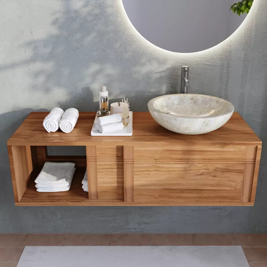Mobile bagno sospeso 120 cm con 2 ante in legno teak chiaro - Tywa