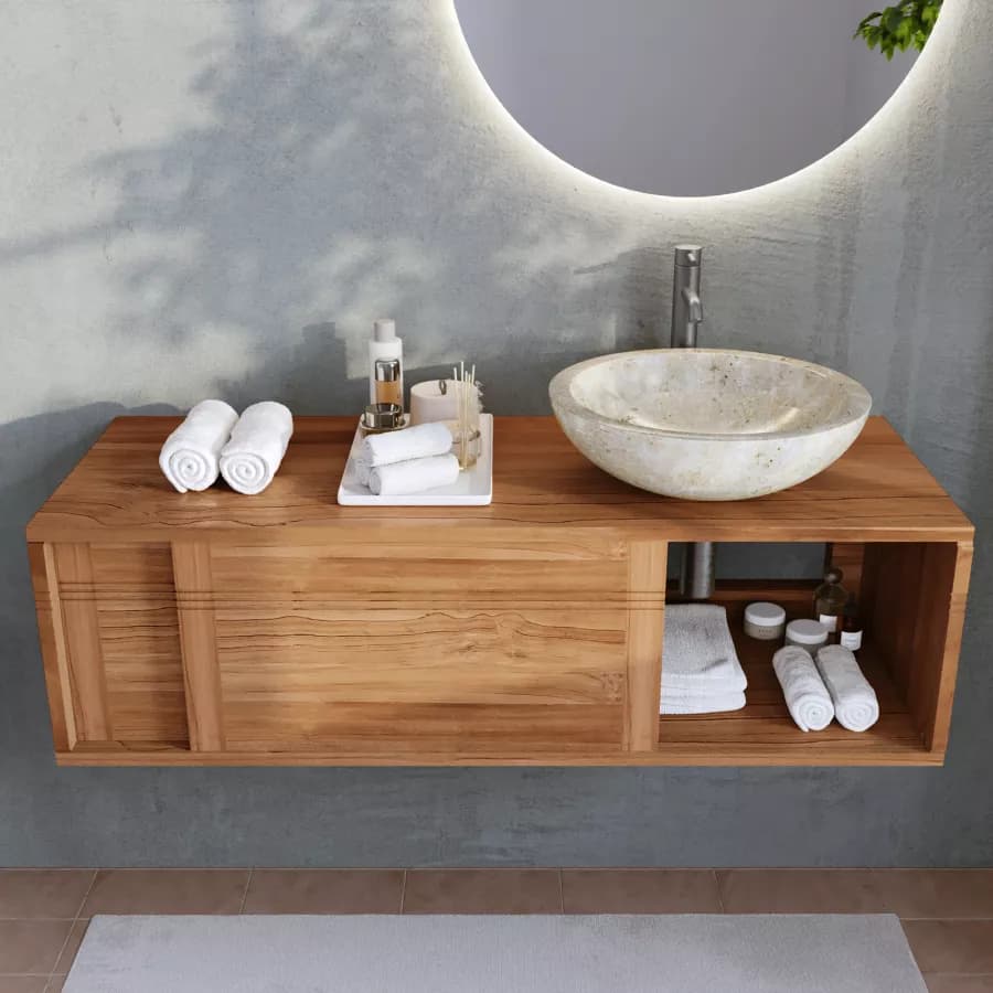 Mobile bagno sospeso 120 cm con 2 ante in legno teak chiaro - Tywa