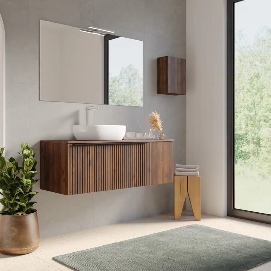 Mobile bagno sospeso 120 cm noce maya effetto cannettato con anta e top con specchio - Lameck
