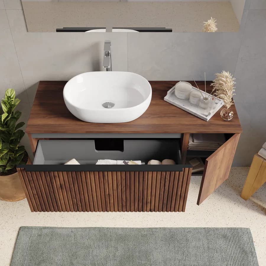Mobile bagno sospeso 120 cm noce maya effetto cannettato con anta e top con specchio - Lameck