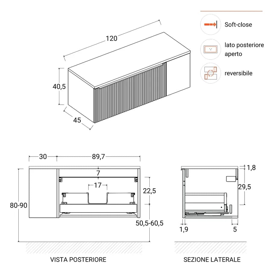 Mobile bagno sospeso 120 cm noce maya effetto cannettato con anta e top con specchio - Lameck