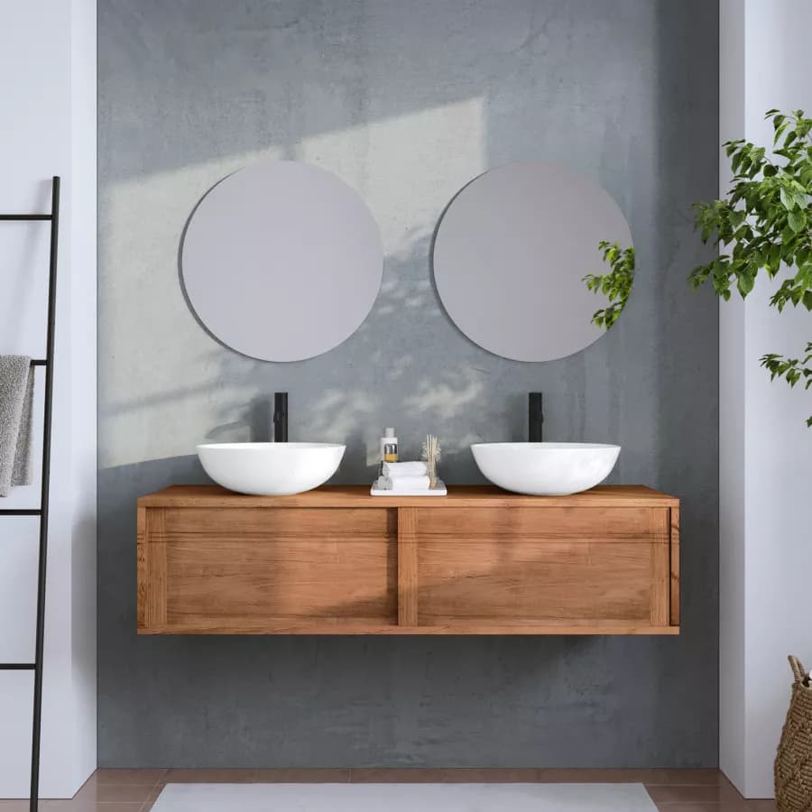 Mobile bagno sospeso 140 cm con 2 ante in legno teak naturale - Tywa
