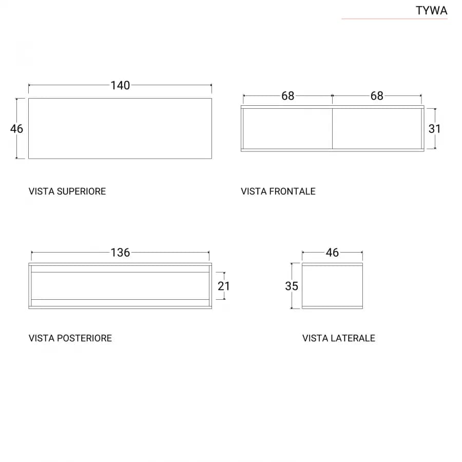 Mobile bagno sospeso 140 cm con 2 ante in legno teak naturale - Tywa