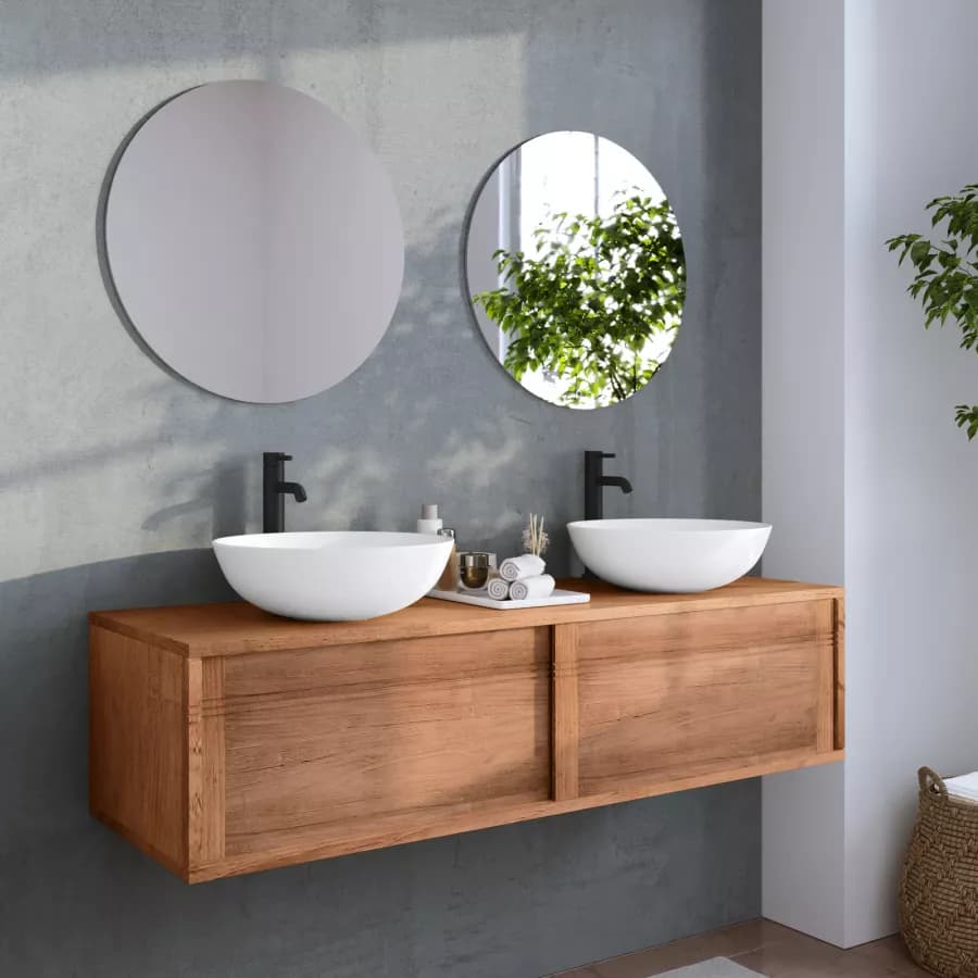 Mobile bagno sospeso 140 cm con 2 ante in legno teak naturale - Tywa