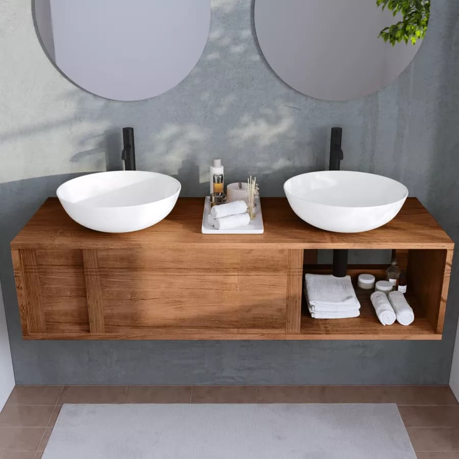 Mobile bagno sospeso 140 cm con 2 ante in legno teak naturale - Tywa
