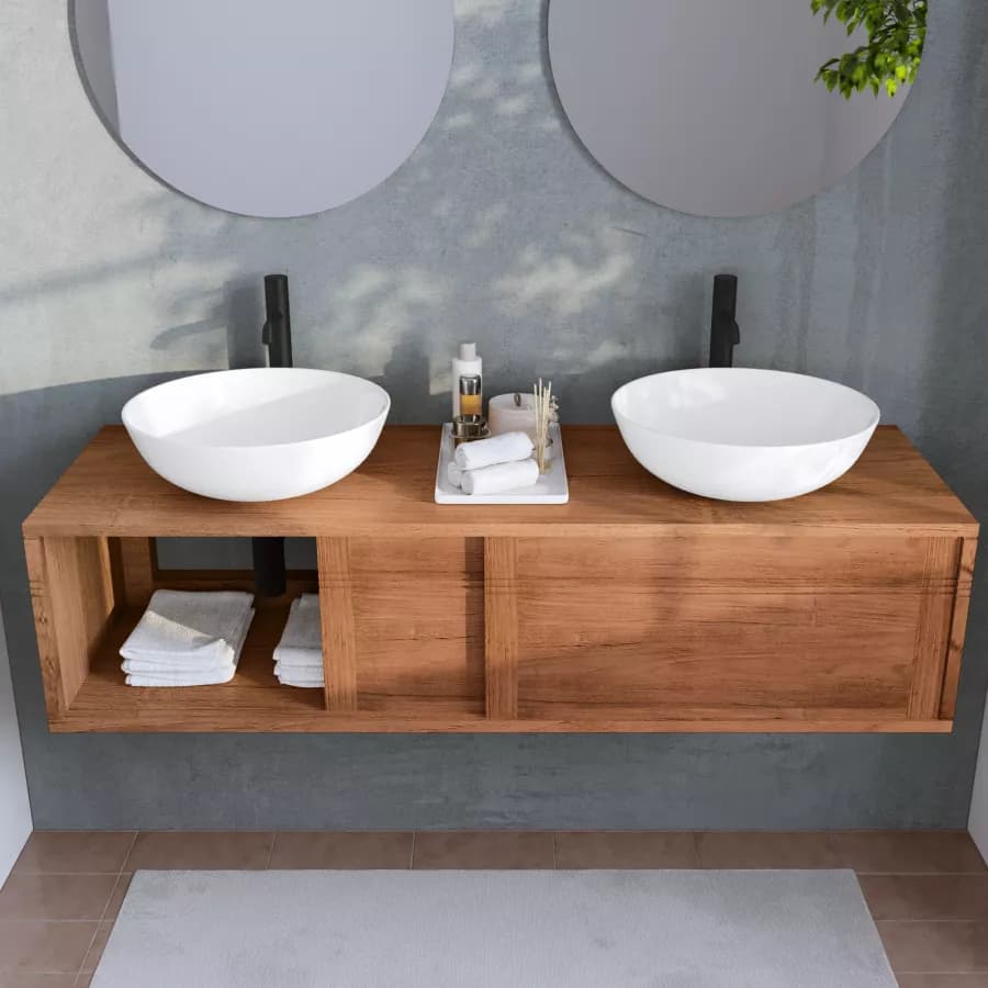 Mobile bagno sospeso 140 cm con 2 ante in legno teak naturale - Tywa