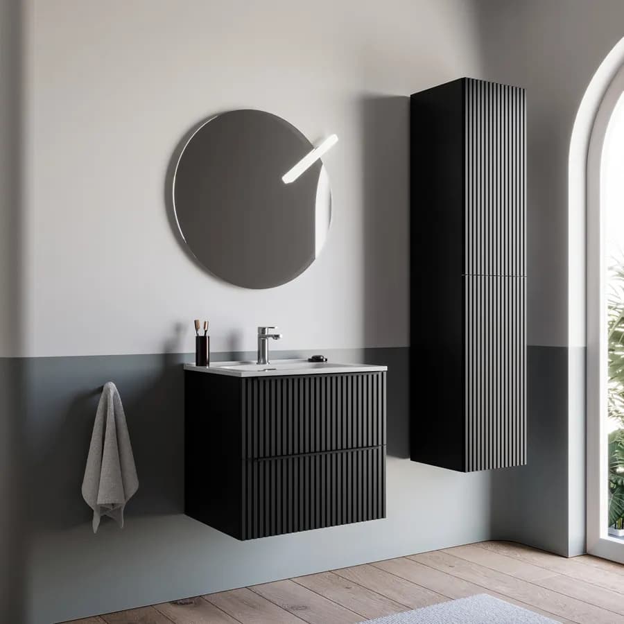 Mobile bagno sospeso 60 cm due cassetti nero opaco effetto cannettato con lavabo in ceramica e specchio - Lameck