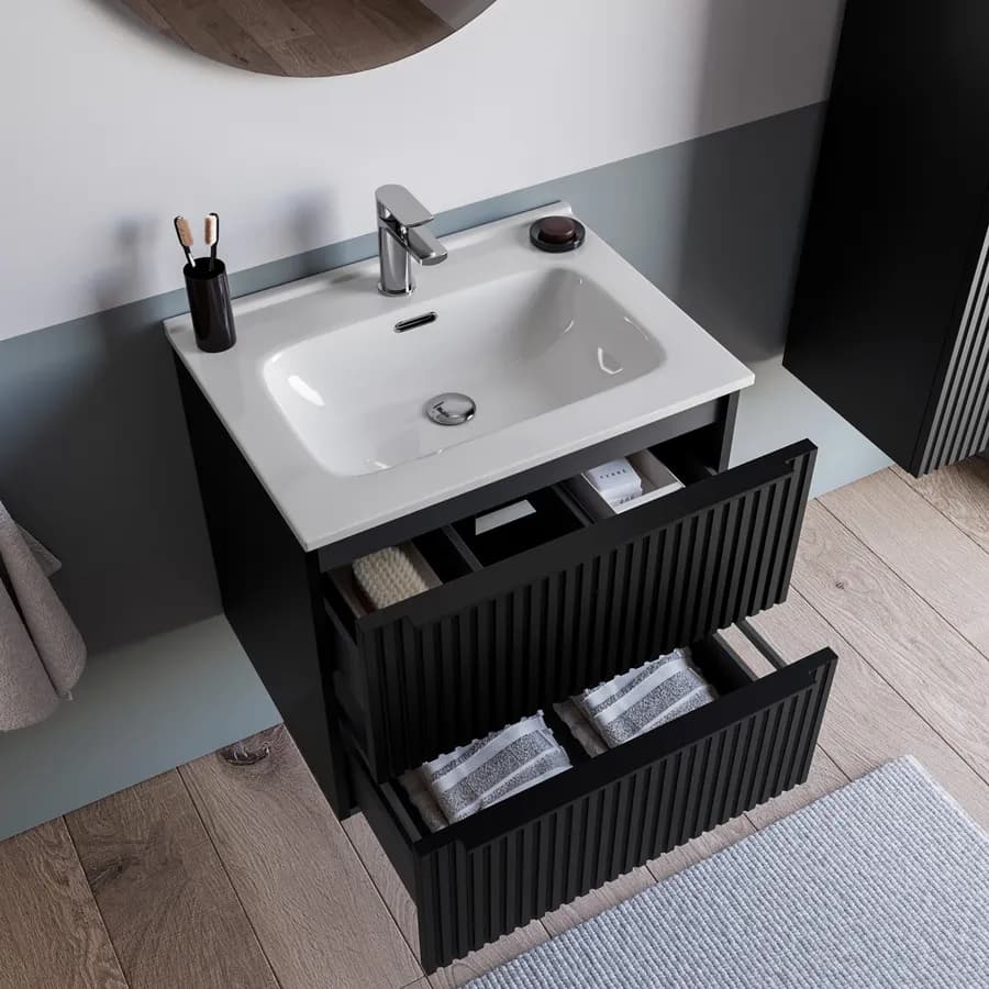 Mobile bagno sospeso 60 cm due cassetti nero opaco effetto cannettato con lavabo in ceramica e specchio - Lameck