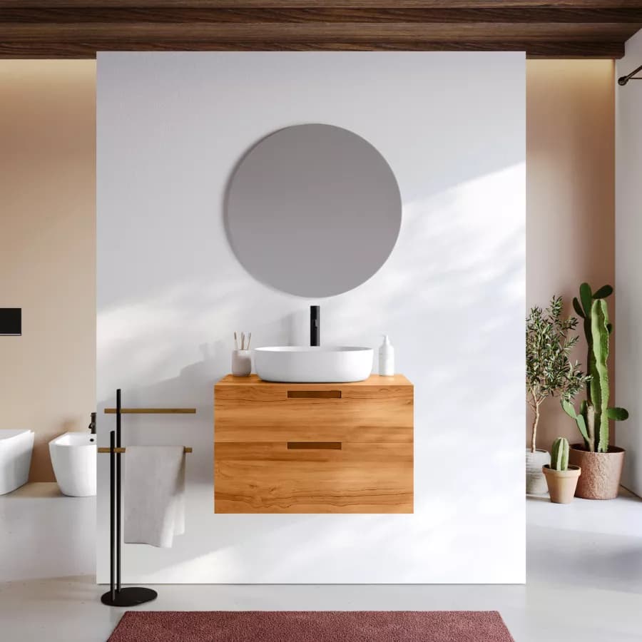 Mobile bagno sospeso 70 cm con 2 cassetti in legno teak chiaro - Kala