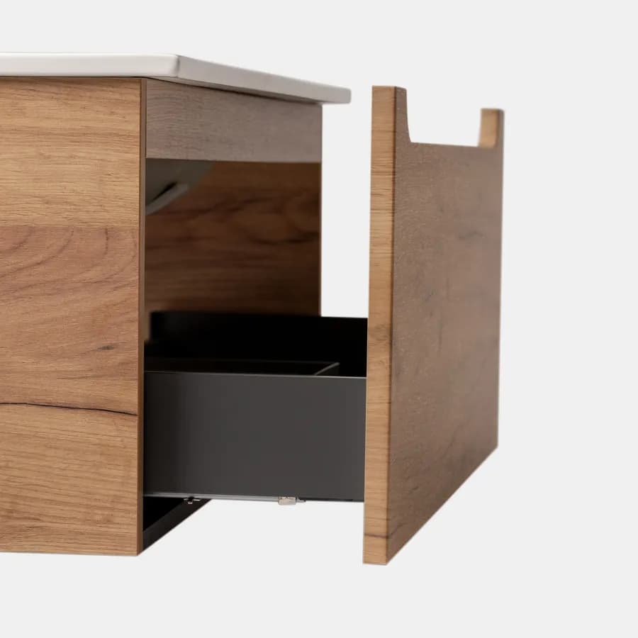 Mobile bagno sospeso 80 cm rovere gold con cassettone e lavabo integrato con specchio - Sleek