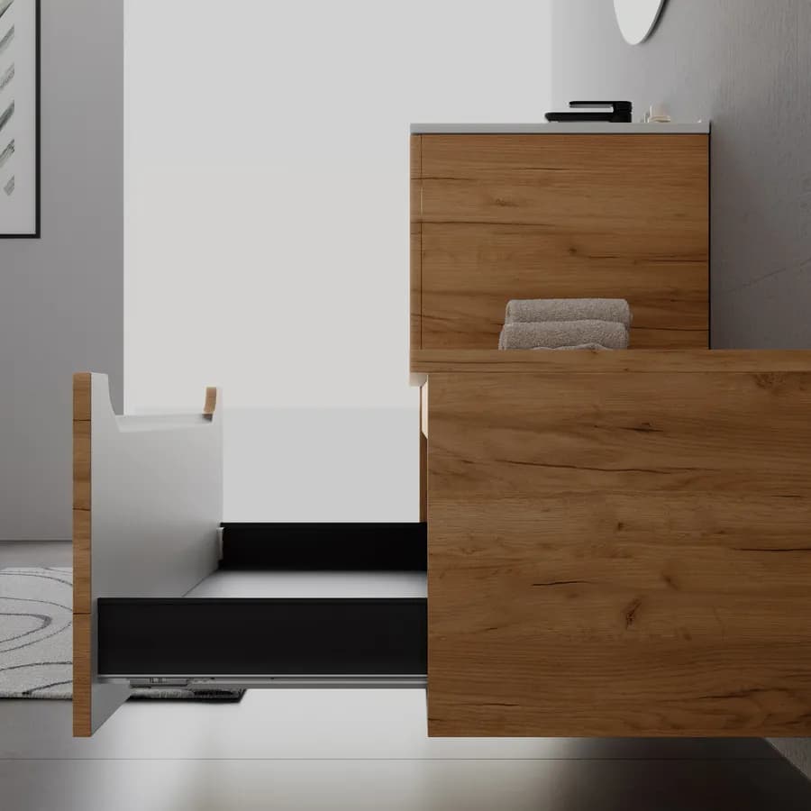 Mobile bagno sospeso 80 cm rovere gold con cassettone e lavabo integrato con specchio - Sleek