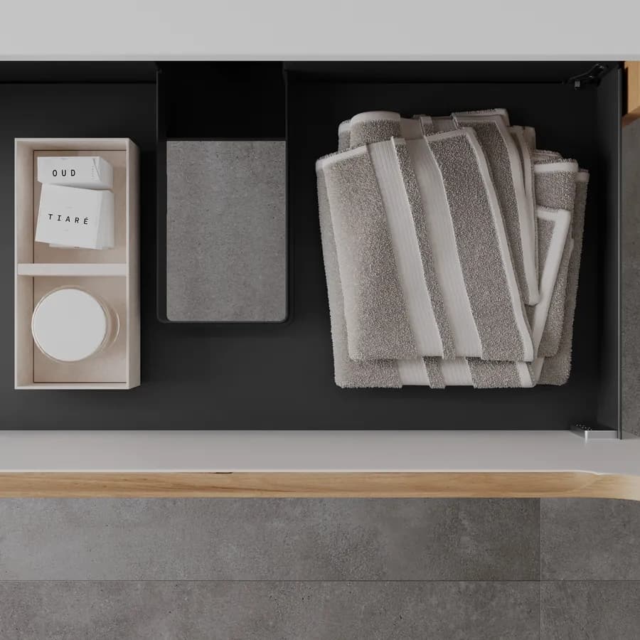 Mobile bagno sospeso 80 cm rovere gold con cassettone e lavabo integrato con specchio - Sleek