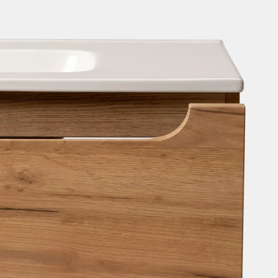 Mobile bagno sospeso 80 cm rovere gold con cassettone e lavabo integrato con specchio - Sleek
