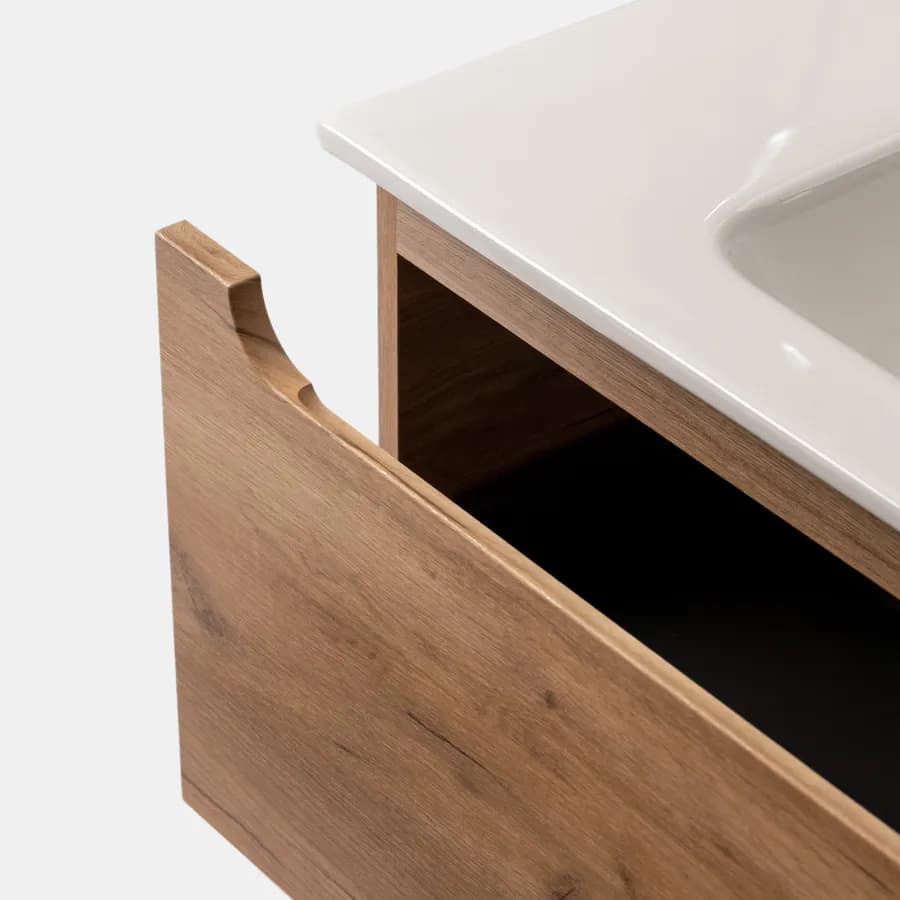 Mobile bagno sospeso 80 cm rovere gold con cassettone e lavabo integrato con specchio - Sleek