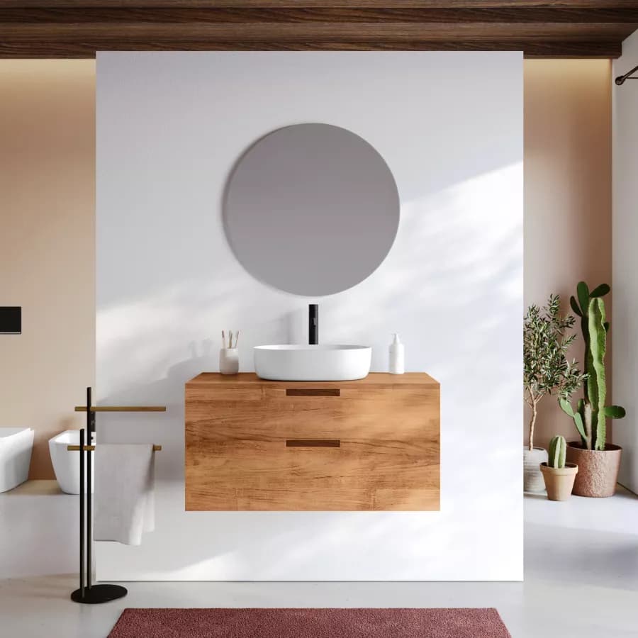 Mobile bagno sospeso 90 cm con 2 cassetti in legno teak naturale - Kala