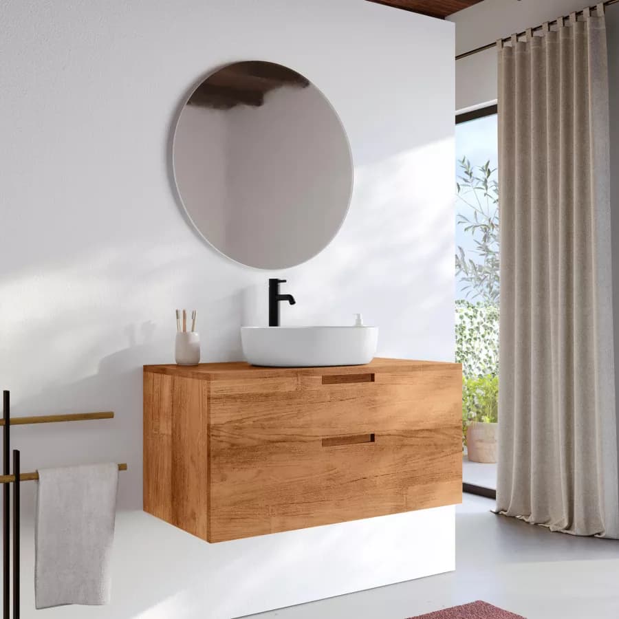 Mobile bagno sospeso 90 cm con 2 cassetti in legno teak naturale - Kala