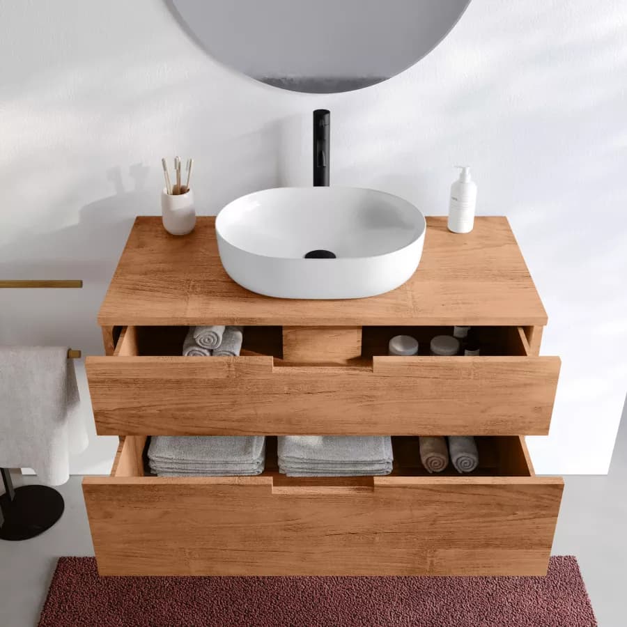 Mobile bagno sospeso 90 cm con 2 cassetti in legno teak naturale - Kala