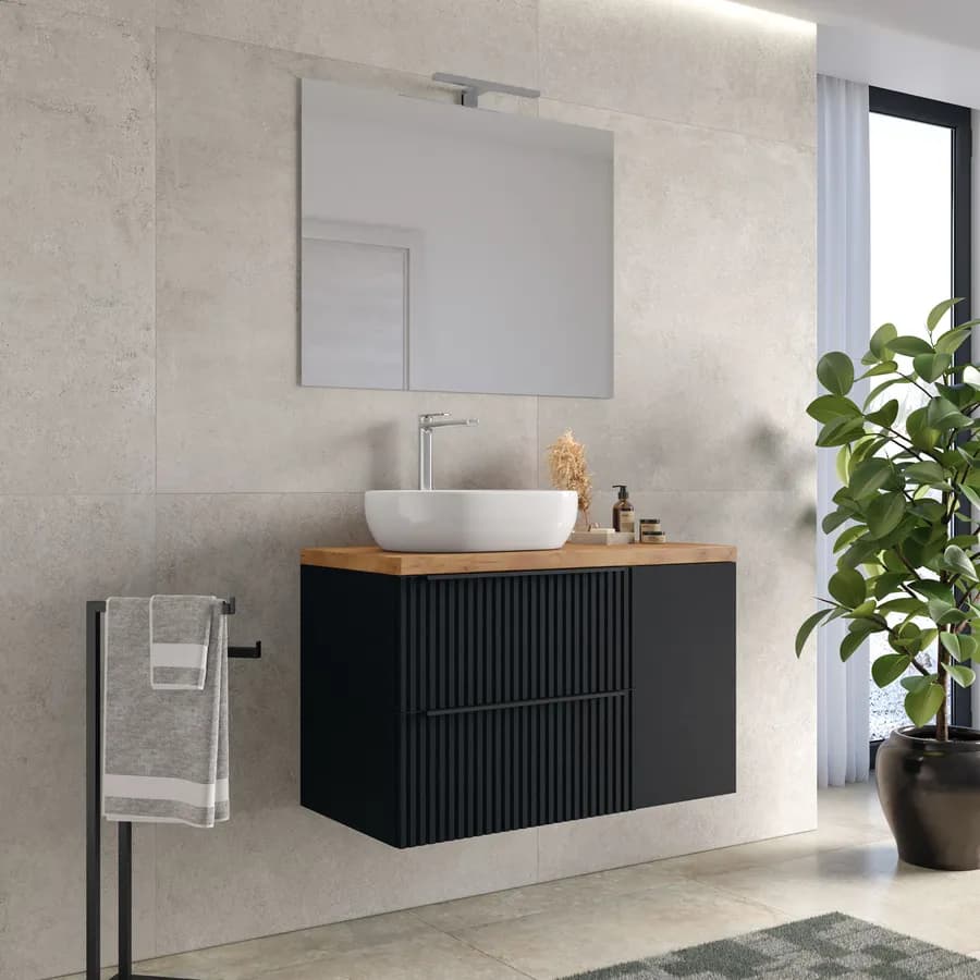 Mobile bagno sospeso 90 cm due cassetti nero opaco effetto cannettato con anta e top rovere gold con specchio - Lameck