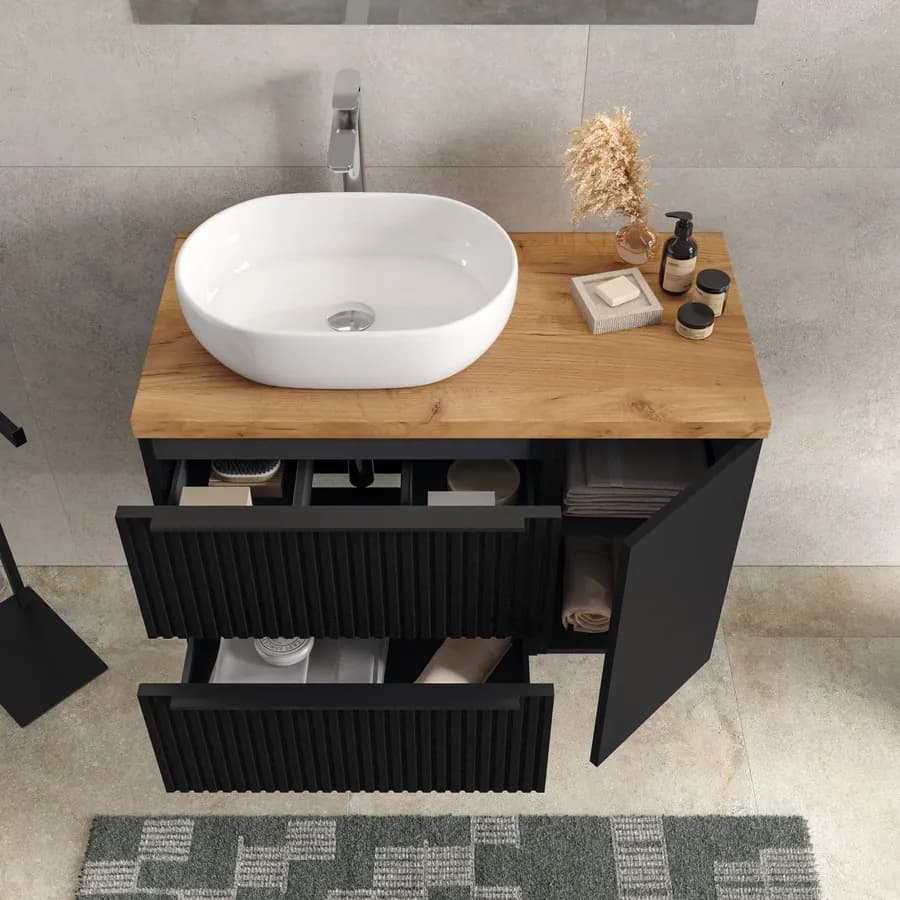 Mobile bagno sospeso 90 cm due cassetti nero opaco effetto cannettato con anta e top rovere gold con specchio - Lameck
