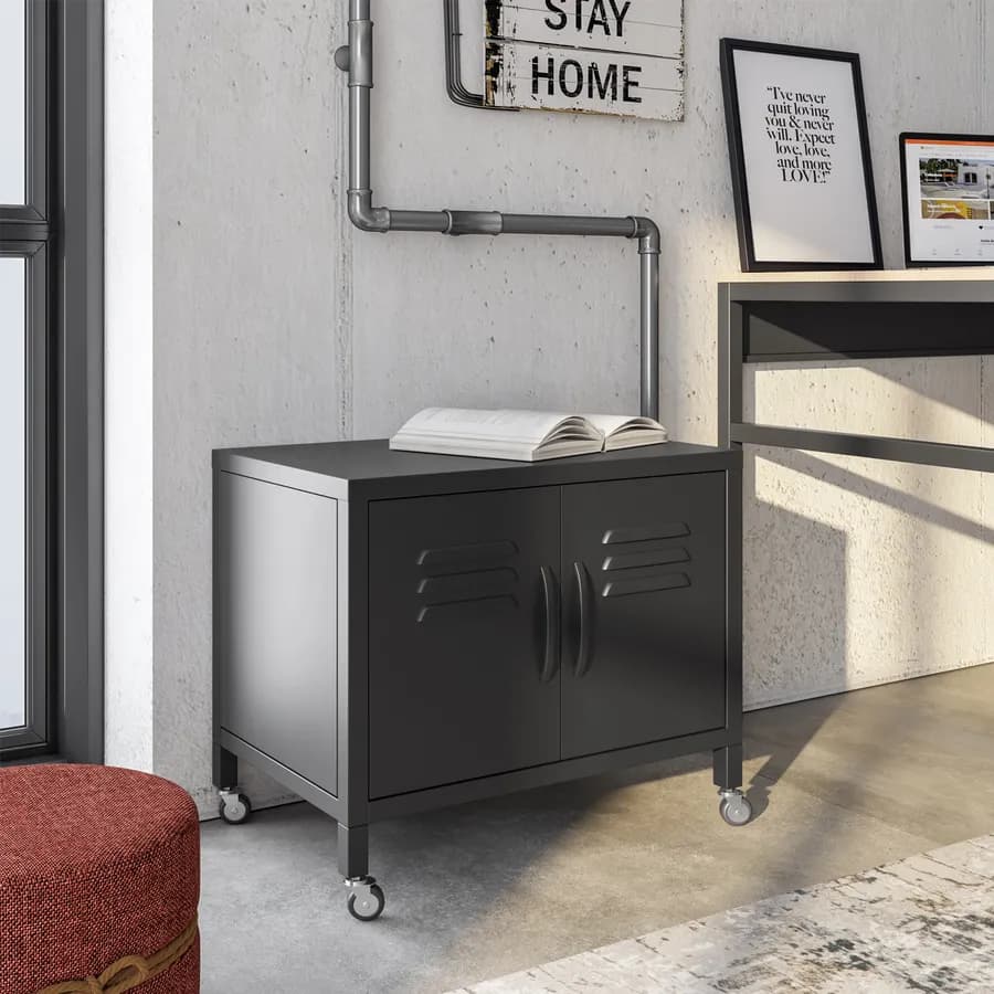 Mobile basso 60x49h cm in acciaio verniciato nero con 2 ante e ruote - Latino