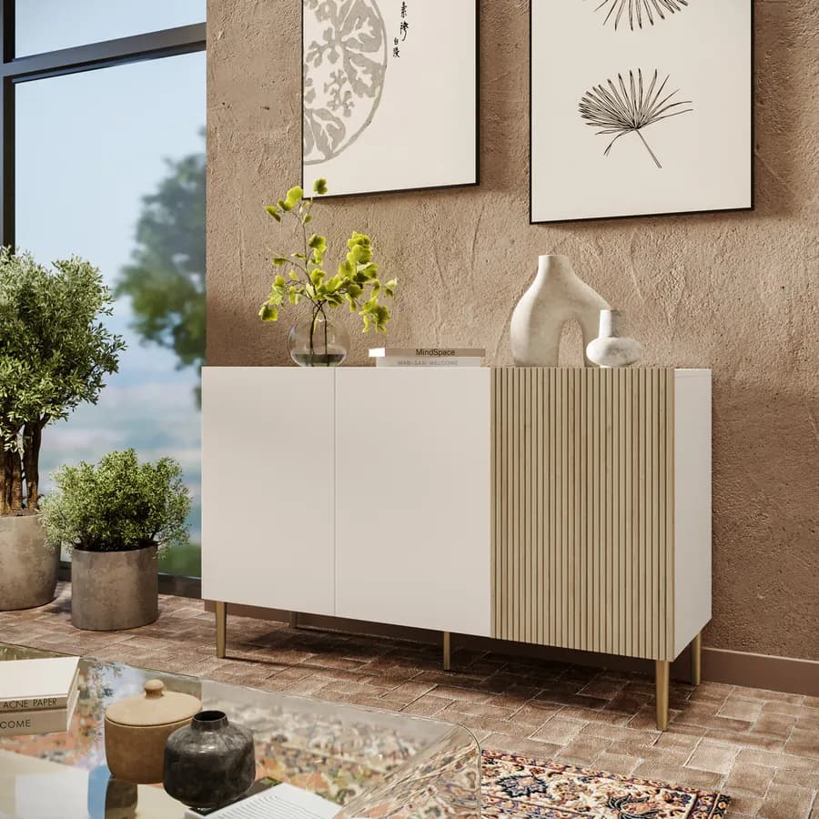 Madia 120x75h cm cashmere e rovere albini cannettato con 3 ante e gambe oro opaco - Zelma
