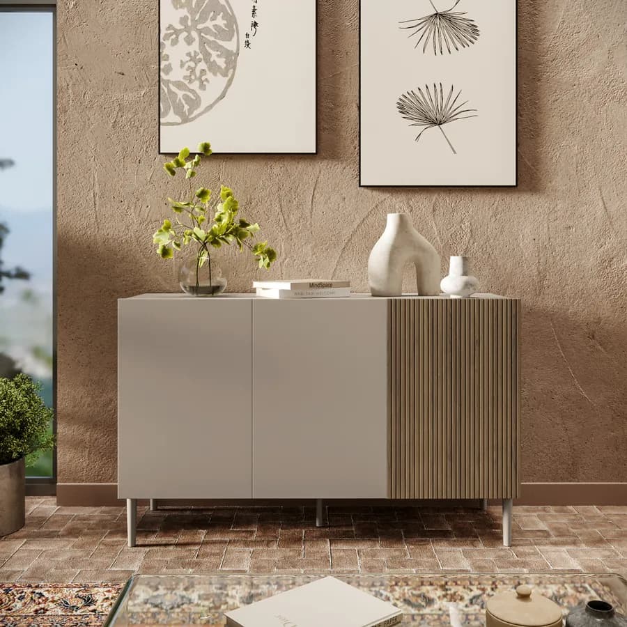 Madia 120x75h cm tortora e rovere millennium cannettato con 3 ante e gambe tortora - Zelma