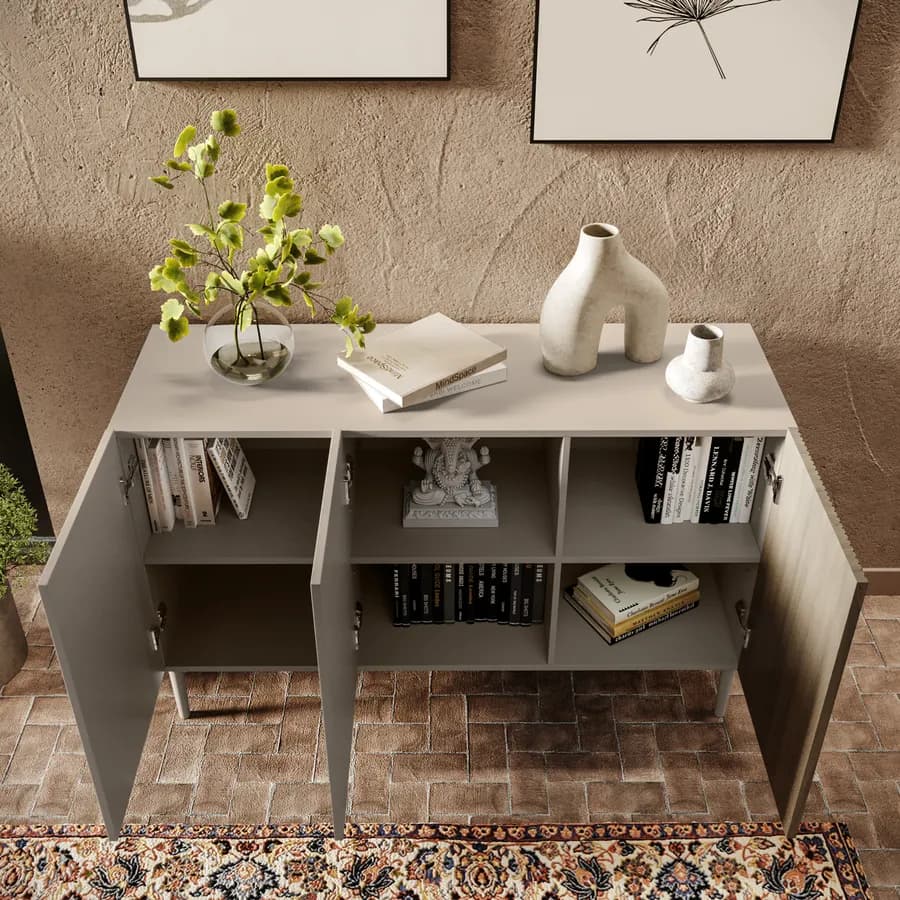 Madia 120x75h cm tortora e rovere millennium cannettato con 3 ante e gambe tortora - Zelma