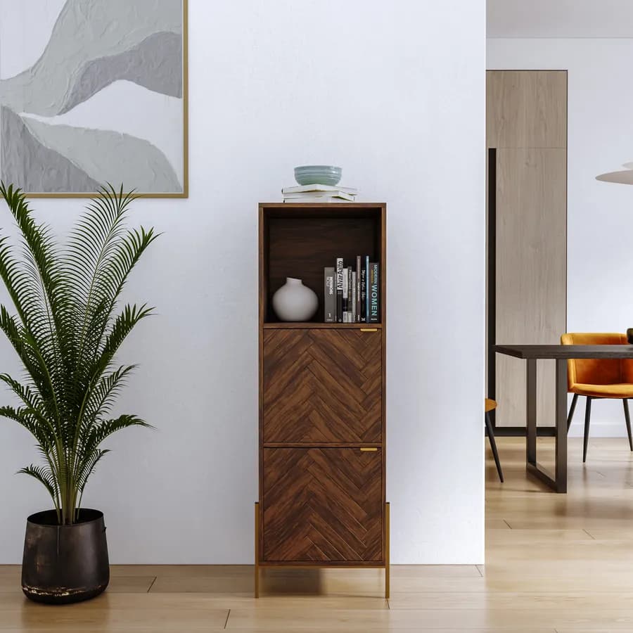 Mobile contenitore 40x135h cm in legno noce effetto parquet con 2 ante e struttura in metallo oro bronzato - Mufasa