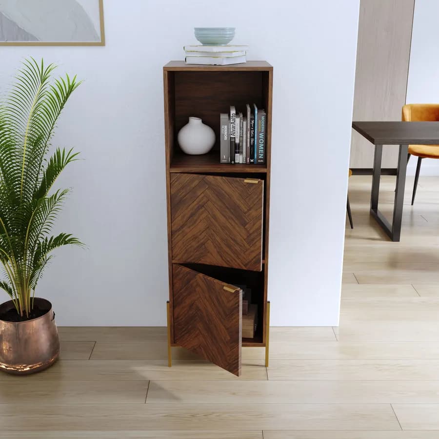 Mobile contenitore 40x135h cm in legno noce effetto parquet con 2 ante e struttura in metallo oro bronzato - Mufasa
