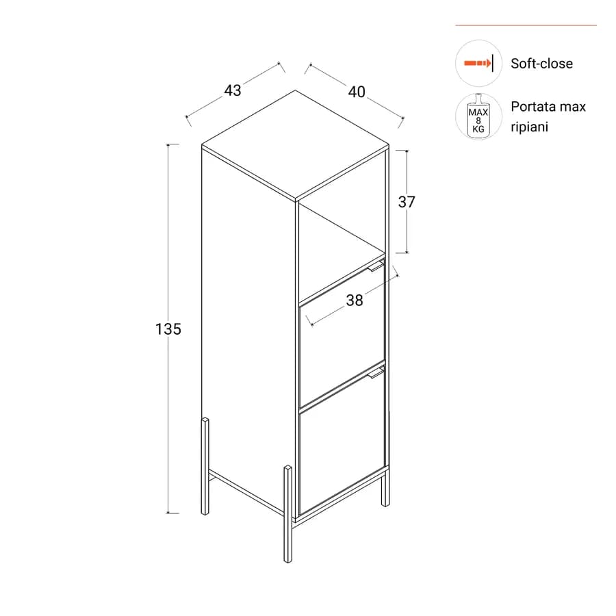 Mobile contenitore 40x135h cm in legno noce effetto parquet con 2 ante e struttura in metallo oro bronzato - Mufasa