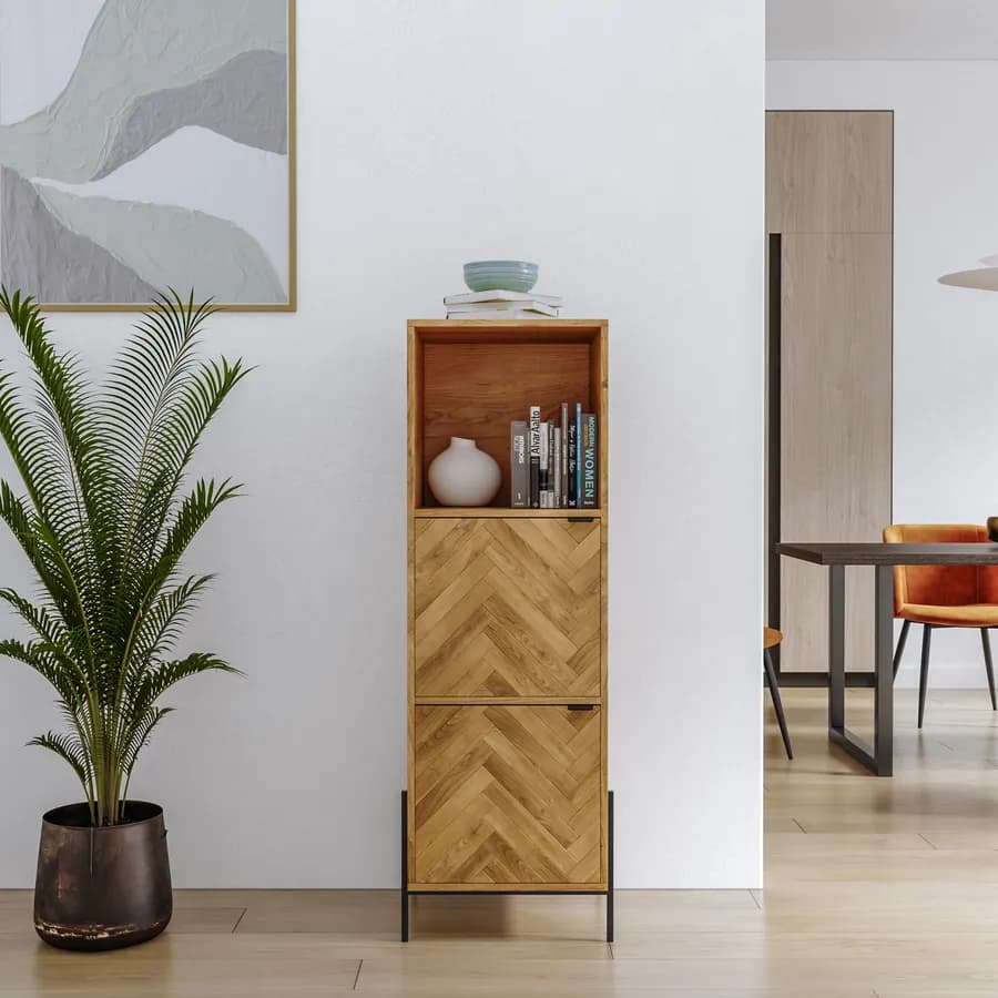 Mobile contenitore 40x135h cm in legno rovere chiaro effetto parquet con 2 ante e struttura in metallo nero opaco - Mufasa