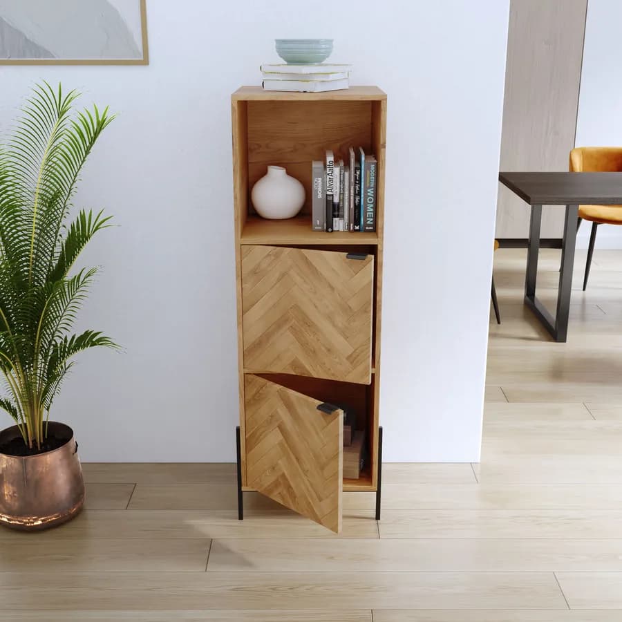 Mobile contenitore 40x135h cm in legno rovere chiaro effetto parquet con 2 ante e struttura in metallo nero opaco - Mufasa