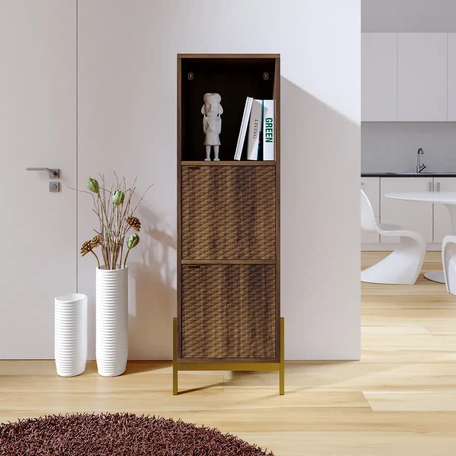 Mobile contenitore 46x154h cm noce con piedi in metallo oro bronzato e 2 ante decorate soft close - Kyra