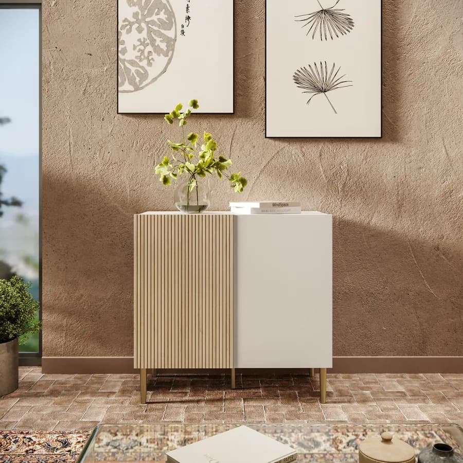 Mobile contenitore 80x78h cm cashmere e rovere albini cannettato con 2 ante e gambe oro opaco - Zelma