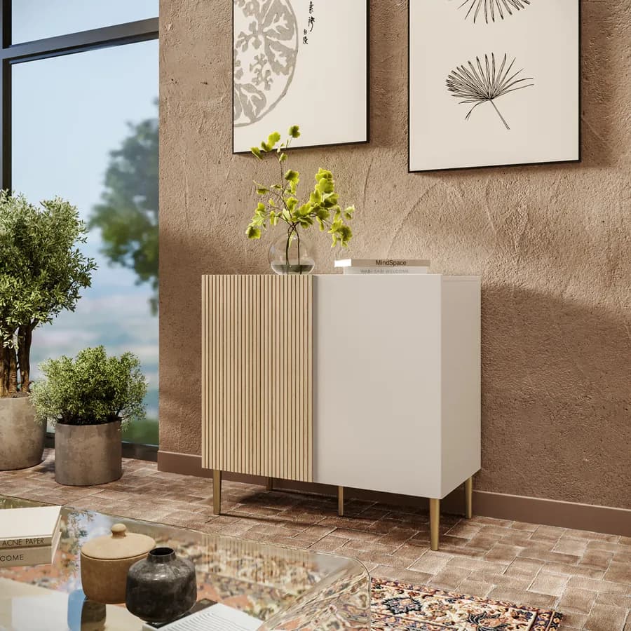 Mobile contenitore 80x78h cm cashmere e rovere albini cannettato con 2 ante e gambe oro opaco - Zelma