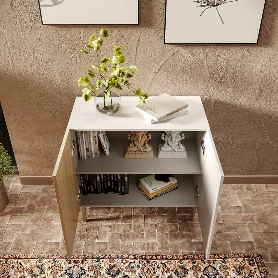 Mobile contenitore 80x78h cm cashmere e rovere albini cannettato con 2 ante e gambe oro opaco - Zelma