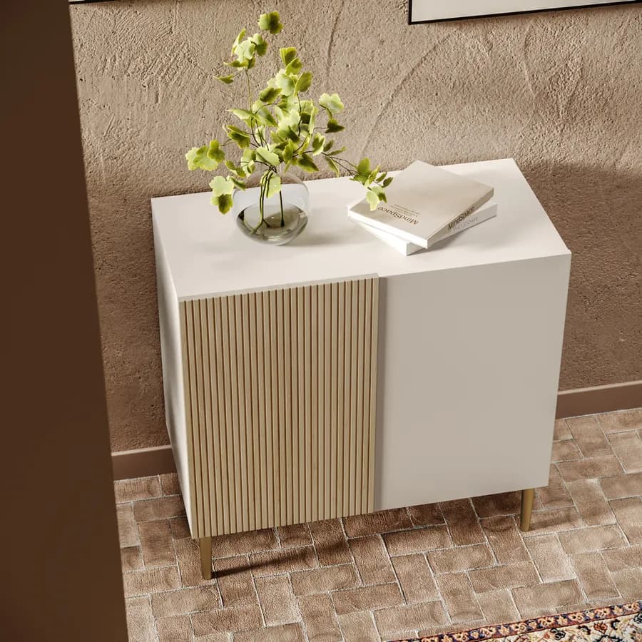 Mobile contenitore 80x78h cm cashmere e rovere albini cannettato con 2 ante e gambe oro opaco - Zelma