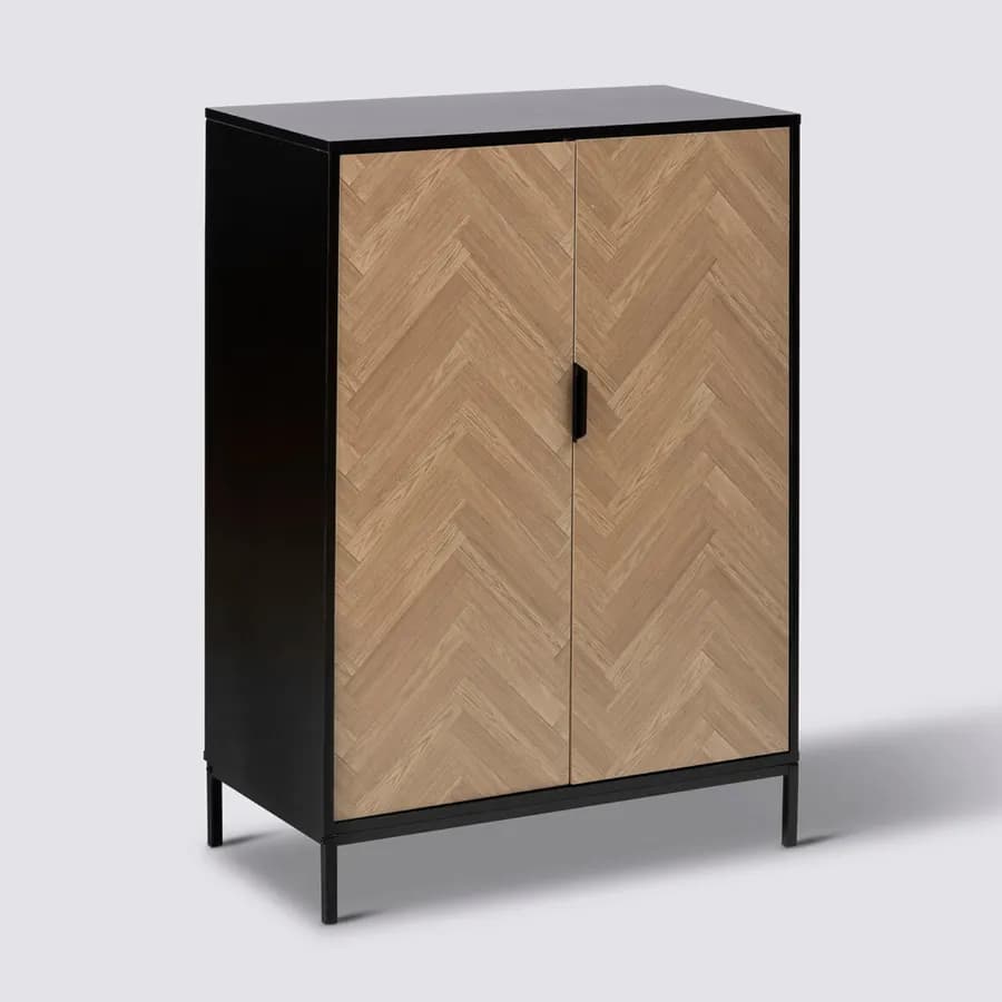 Mobile contenitore in acciaio nero con 2 ante in legno effetto parquet - Blacky