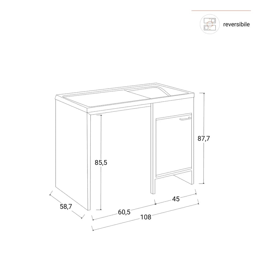 Mobile coprilavatrice 109x60 cm bianco reversibile 1 anta con vasca e strofinatoio - Vix