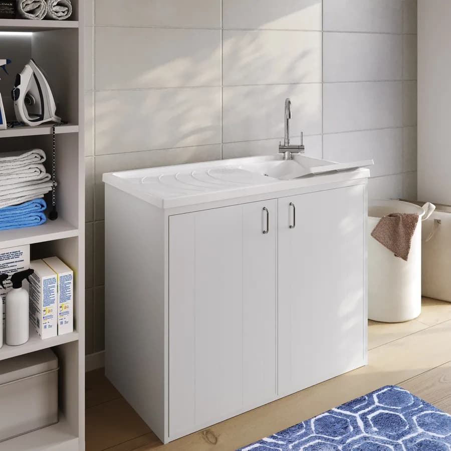 Mobile coprilavatrice 109x60 cm bianco reversibile 2 ante con vasca e strofinatoio - Vix