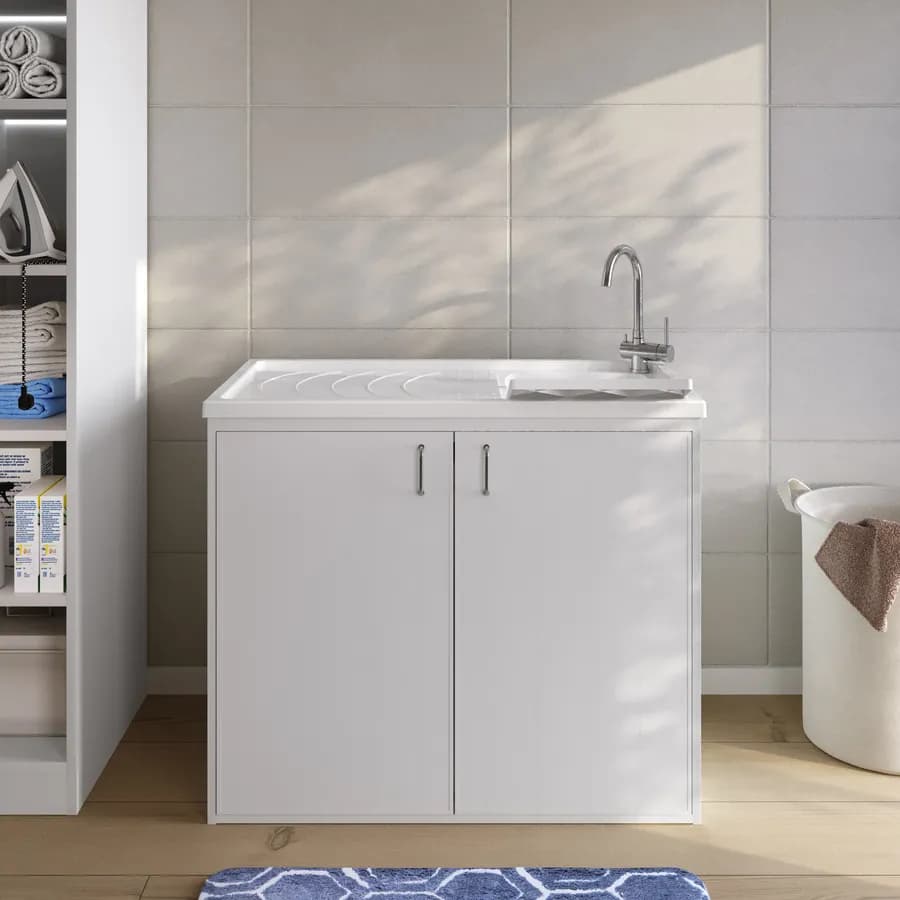 Mobile coprilavatrice 109x60 cm bianco reversibile 2 ante con vasca e strofinatoio - Vix