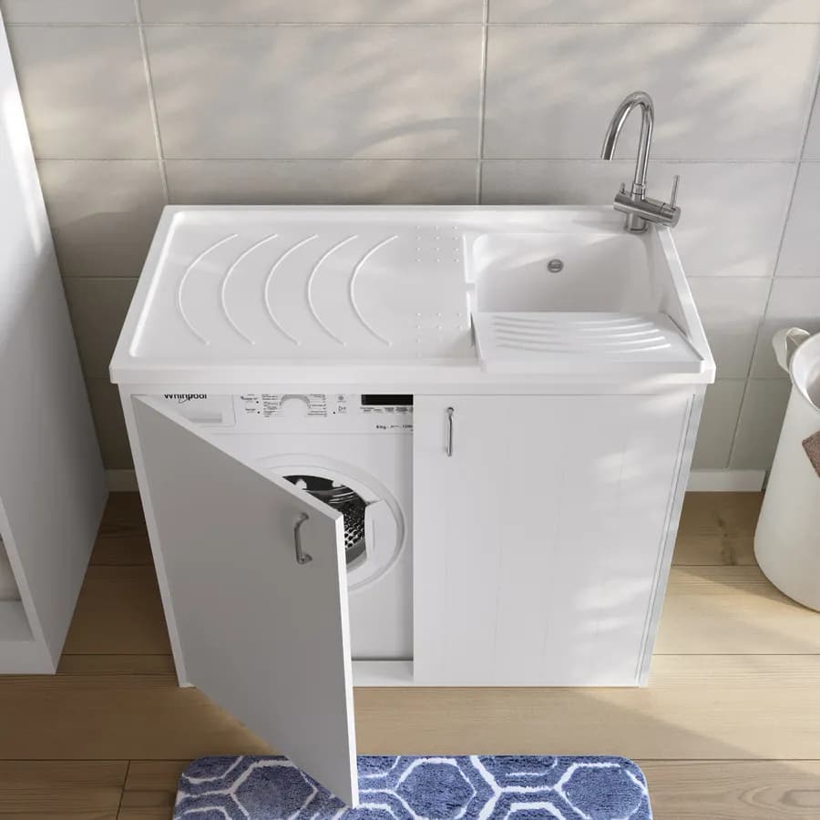 Mobile coprilavatrice 109x60 cm bianco reversibile 2 ante con vasca e strofinatoio - Vix